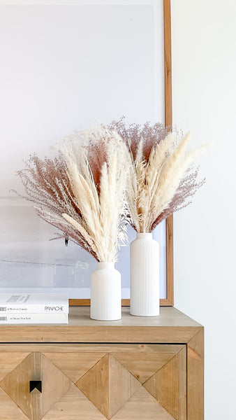 tall and short vases with brown and white pampas grass